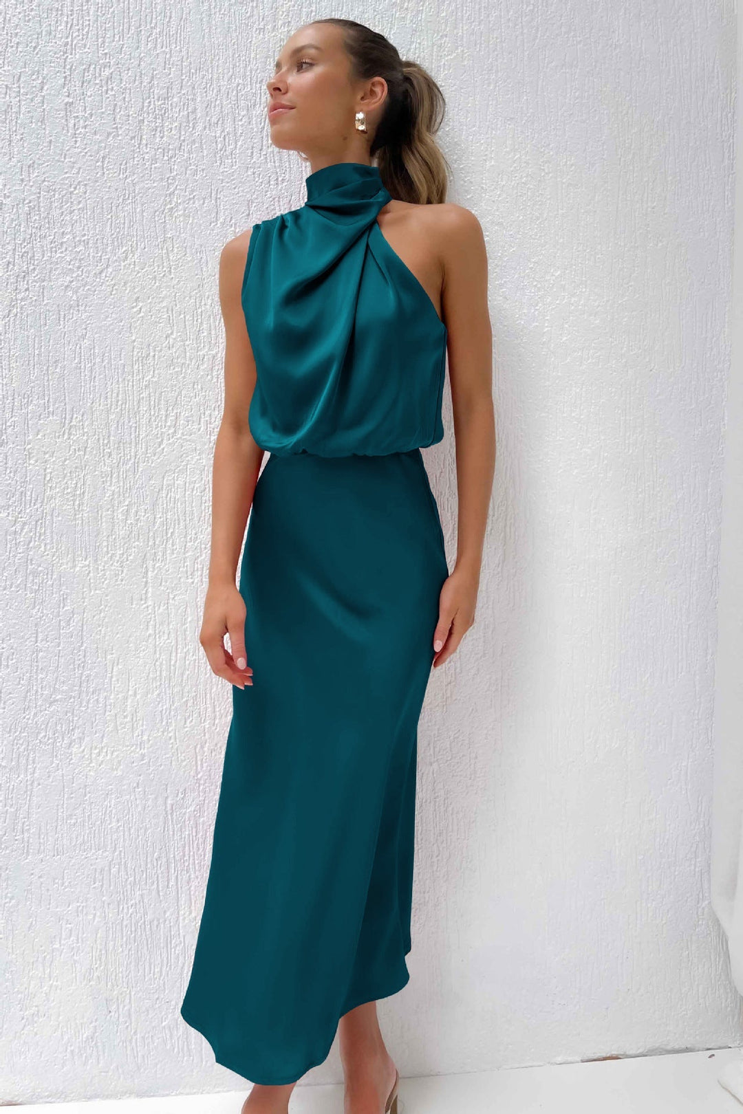 Sara™ | Satin Dress with Halter Neckline