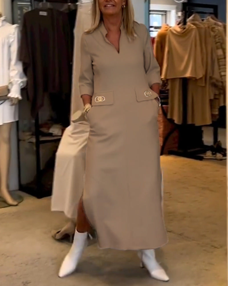 Rebecca | Solid-Coloured Slit Dress with 3/4 Sleeves