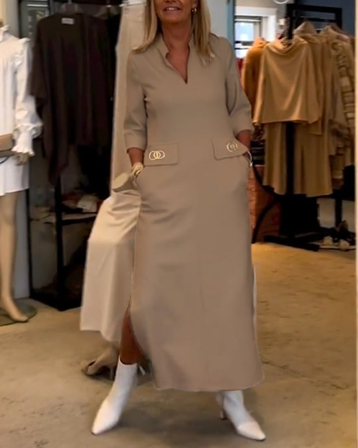 Rebecca | Solid-Coloured Slit Dress with 3/4 Sleeves