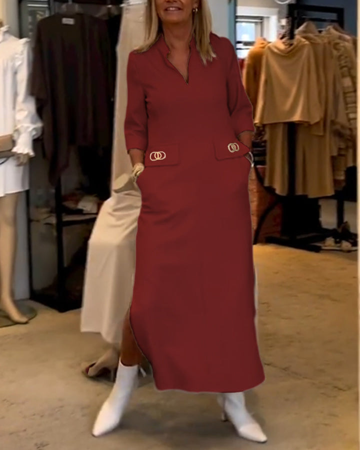 Rebecca | Solid-Coloured Slit Dress with 3/4 Sleeves