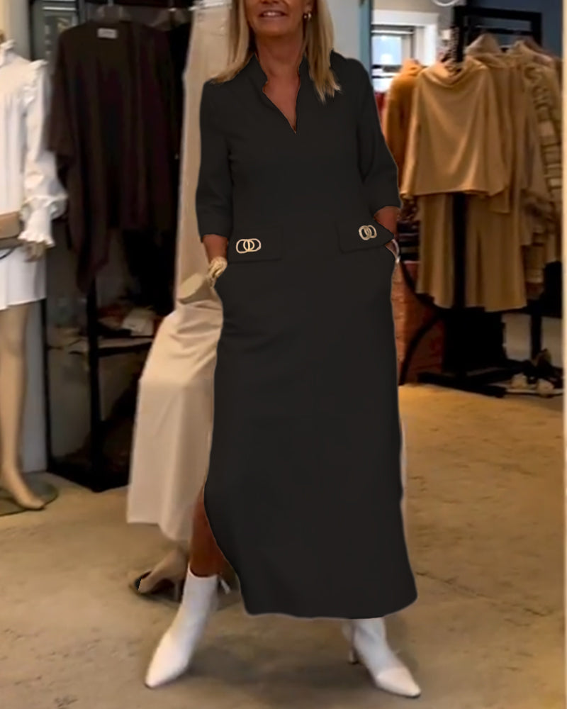 Rebecca | Solid-Coloured Slit Dress with 3/4 Sleeves