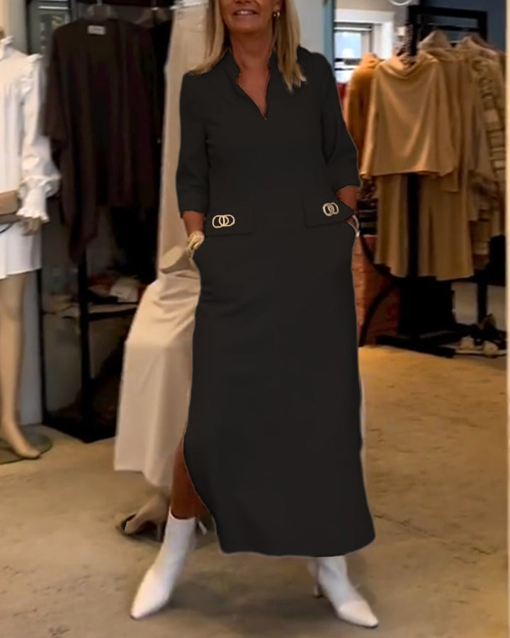 Rebecca | Solid-Coloured Slit Dress with 3/4 Sleeves