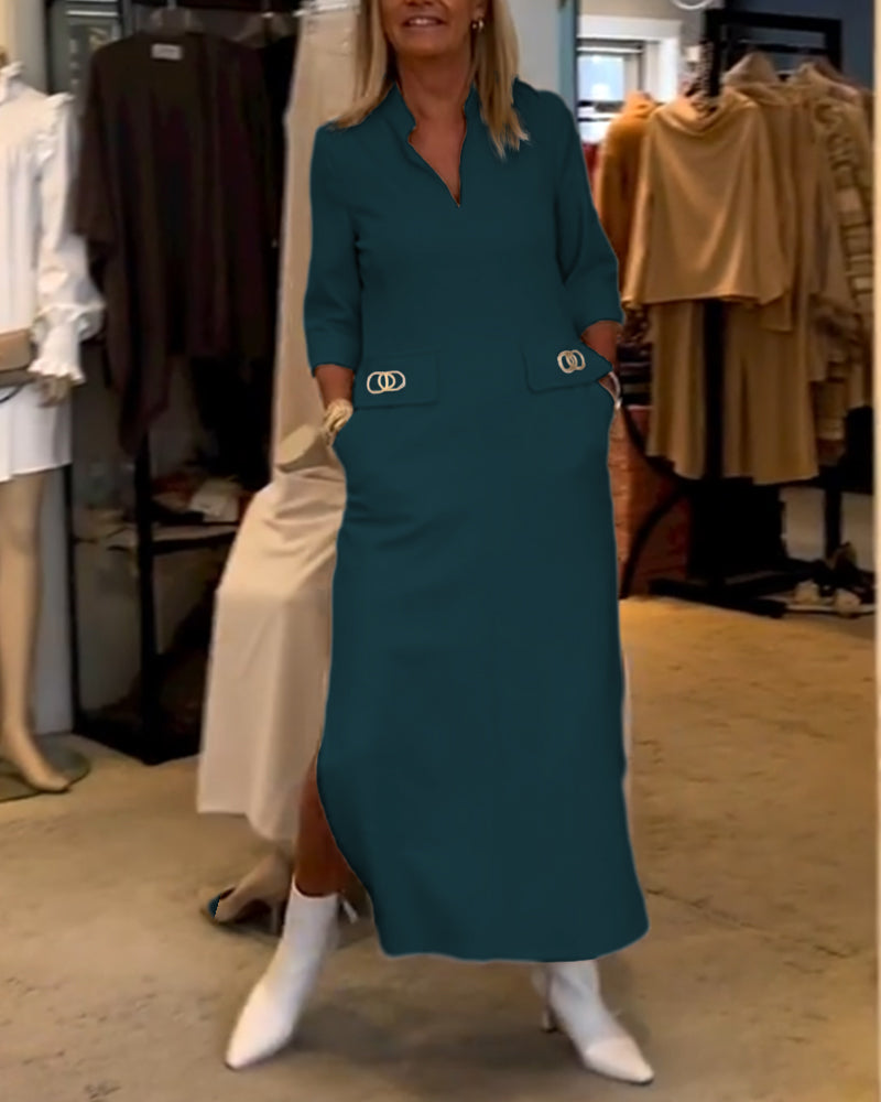 Rebecca | Solid-Coloured Slit Dress with 3/4 Sleeves