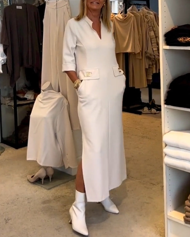 Rebecca | Solid-Coloured Slit Dress with 3/4 Sleeves