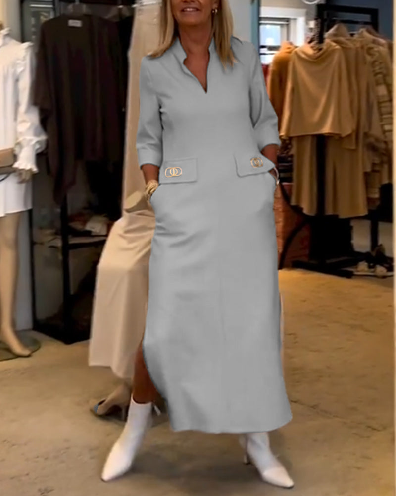 Rebecca | Solid-Coloured Slit Dress with 3/4 Sleeves