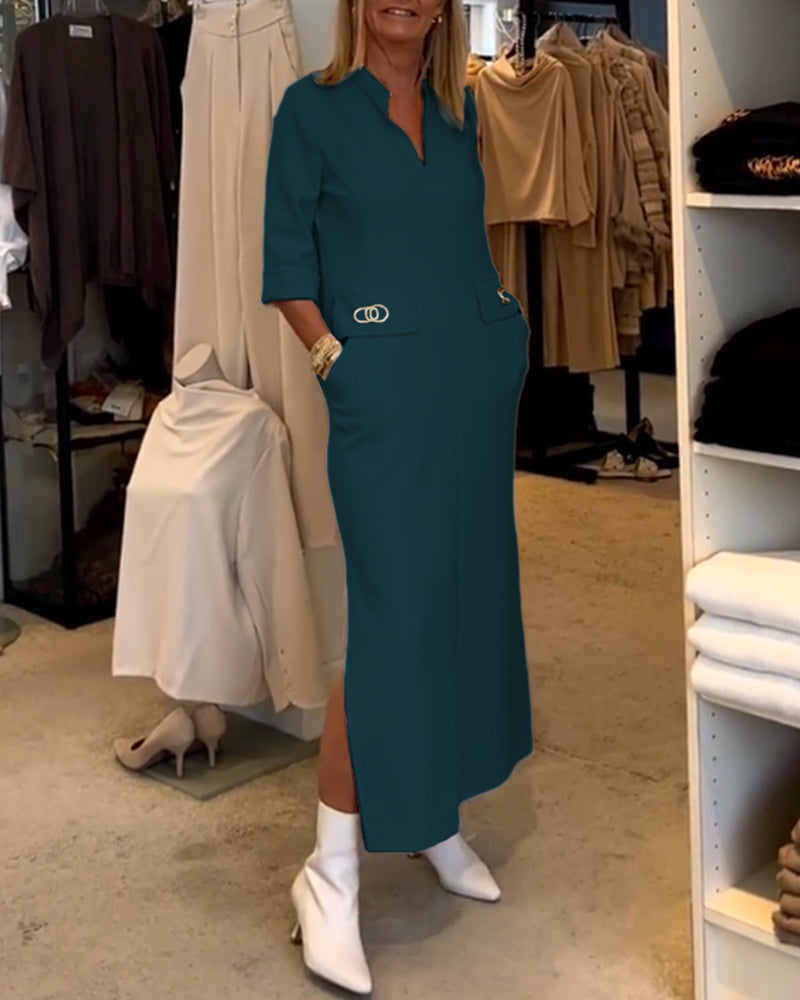Rebecca | Solid-Coloured Slit Dress with 3/4 Sleeves