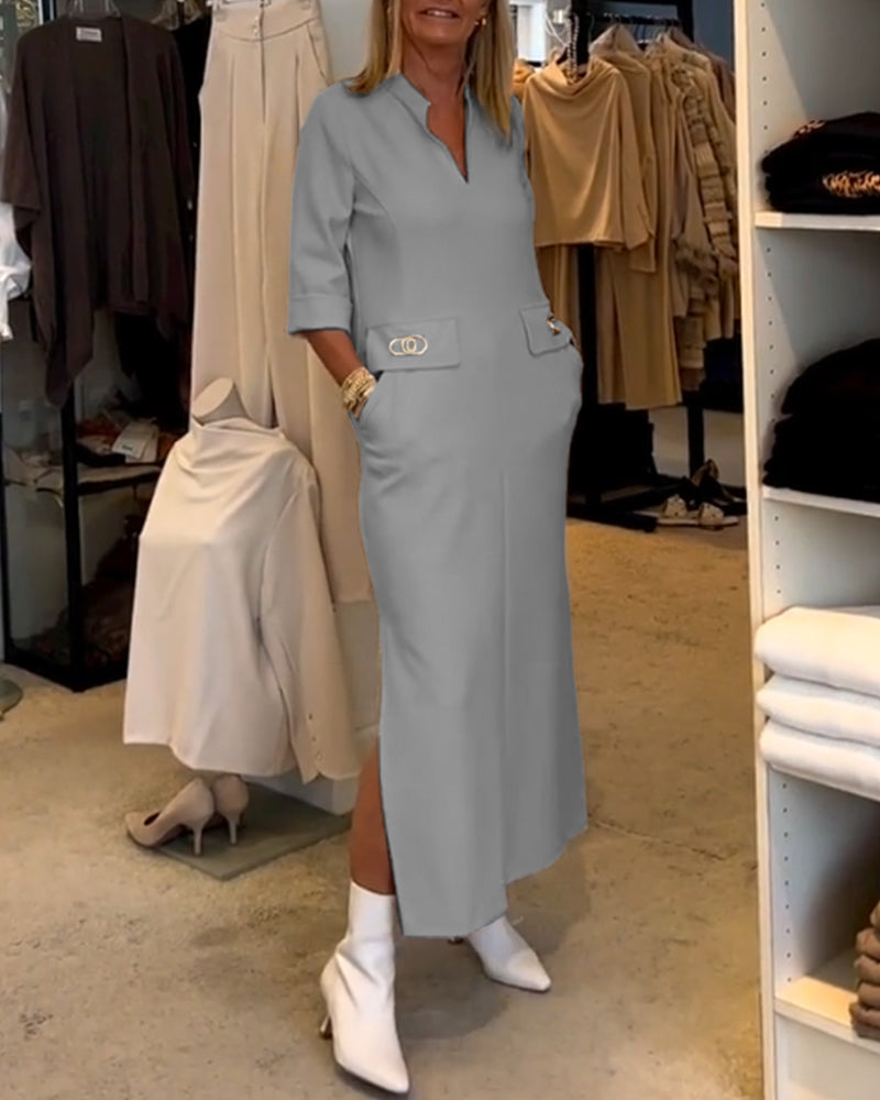 Rebecca | Solid-Coloured Slit Dress with 3/4 Sleeves