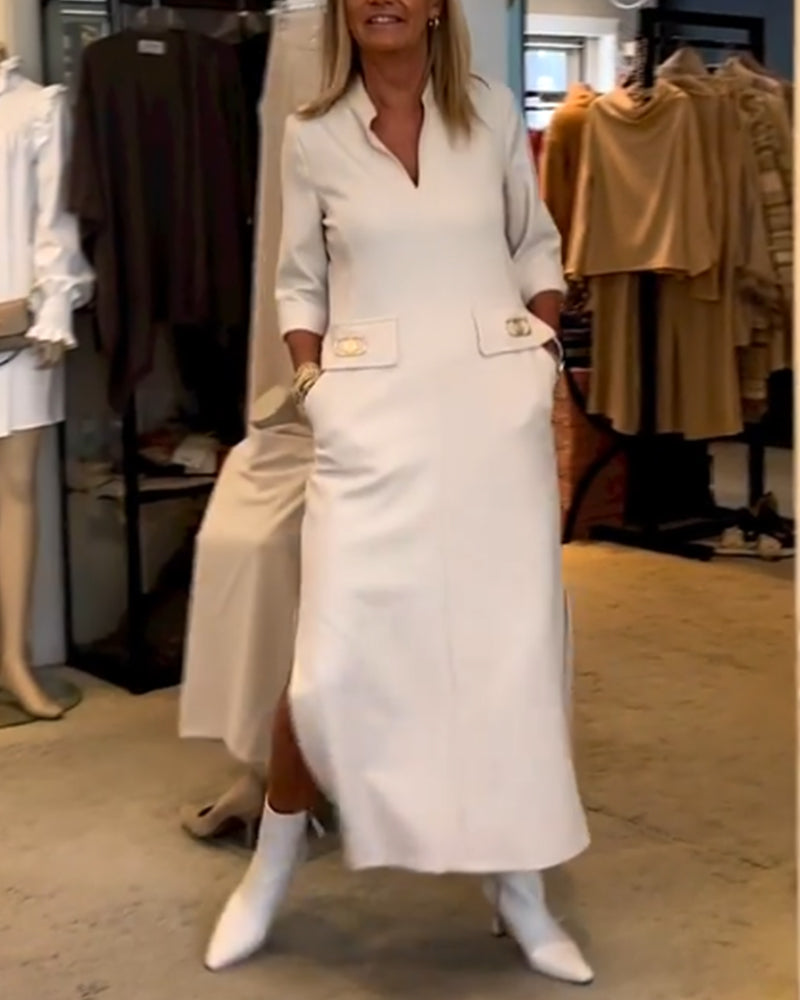 Rebecca | Solid-Coloured Slit Dress with 3/4 Sleeves