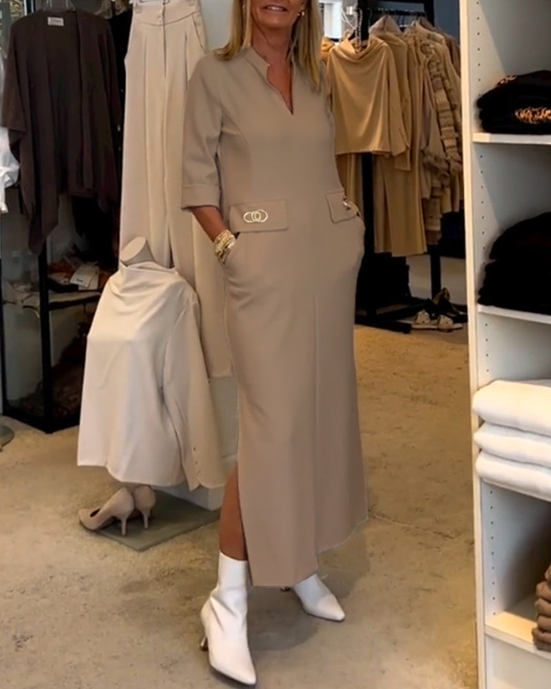 Rebecca | Solid-Coloured Slit Dress with 3/4 Sleeves