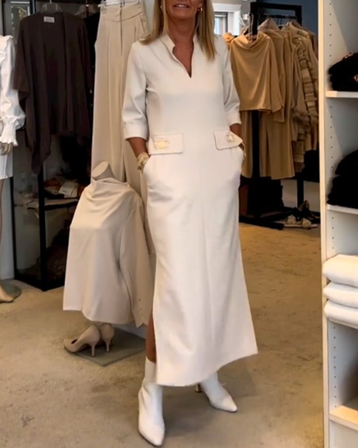 Rebecca | Solid-Coloured Slit Dress with 3/4 Sleeves
