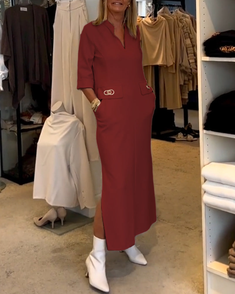 Rebecca | Solid-Coloured Slit Dress with 3/4 Sleeves
