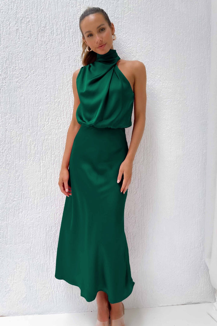Sara™ | Satin Dress with Halter Neckline