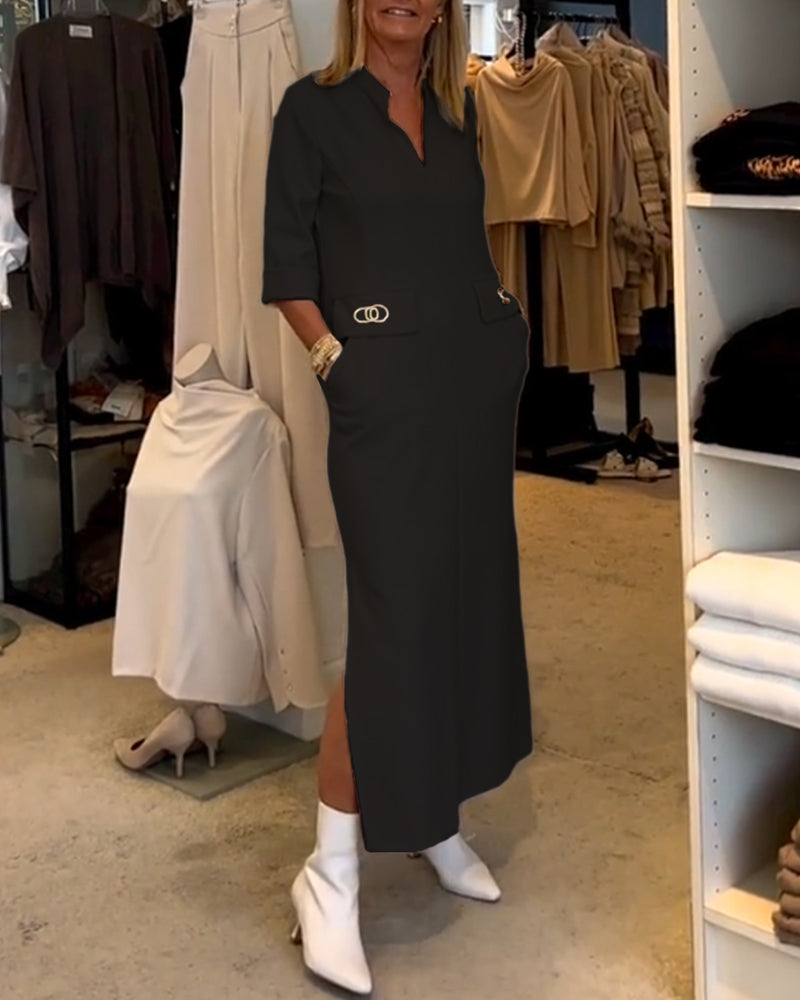 Rebecca | Solid-Coloured Slit Dress with 3/4 Sleeves