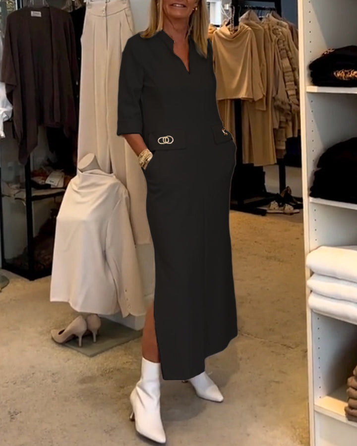 Rebecca | Solid-Coloured Slit Dress with 3/4 Sleeves