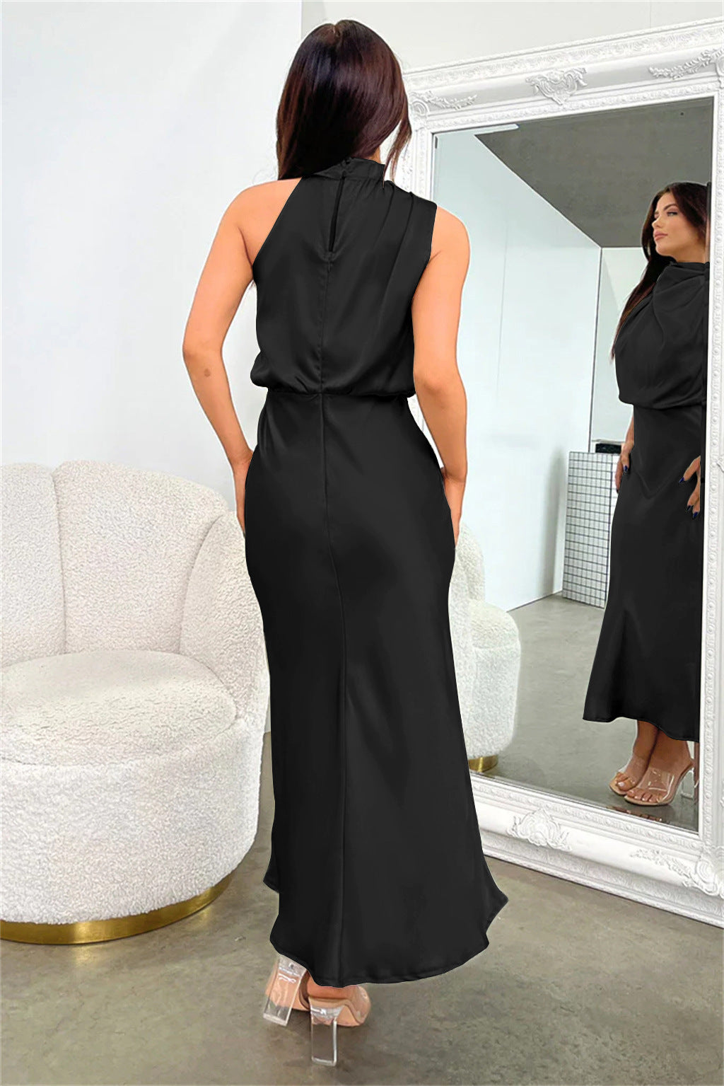 Sara™ | Satin Dress with Halter Neckline