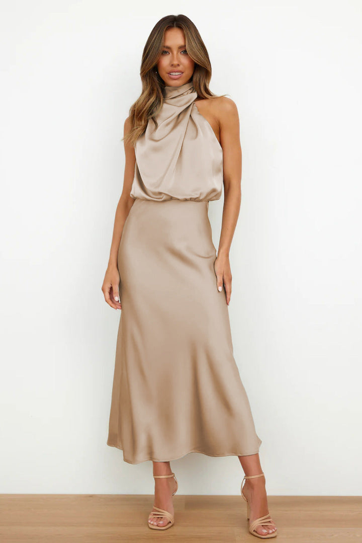 Sara™ | Satin Dress with Halter Neckline